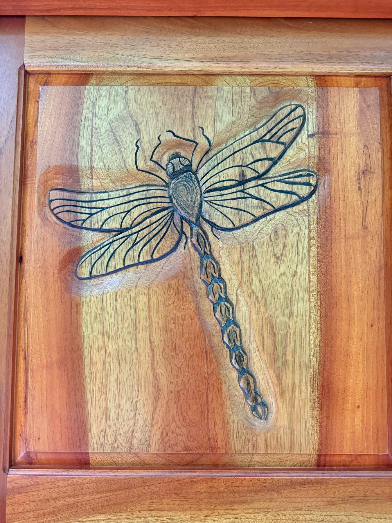 Hand-carved cedar Dragonfly door