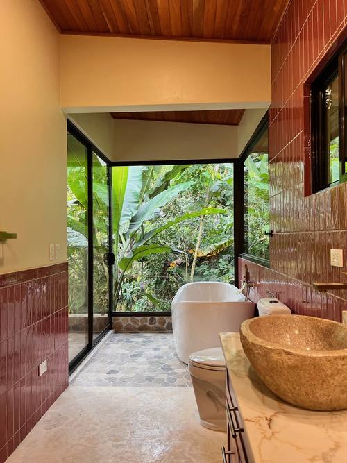 Double vanity with stone sinks