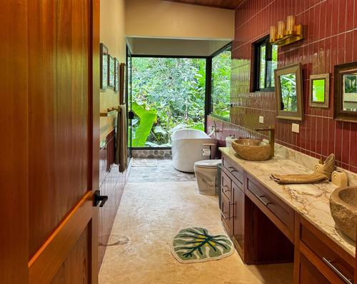 Red cedar bath with double vessel sinks