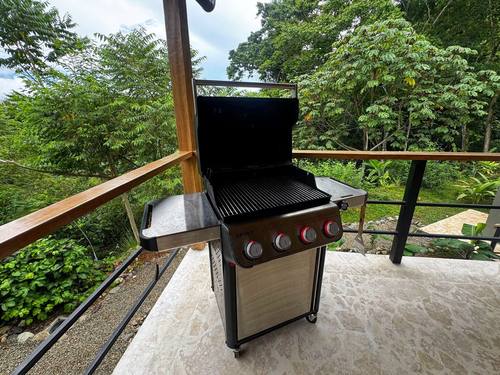 Gas grill on the covered deck