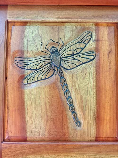 Hand-carved cedar Dragonfly door